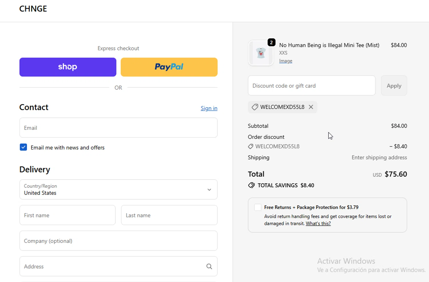 CHNGE discount code screenshot showing code WELCOMEXD55L8 applied at CHNGE checkout page. Uploaded by SimplyCodes community member ligthYA on Jan 14, 2026