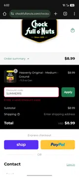 Chock Full o'Nuts coupon verification screenshot