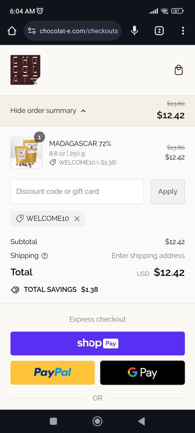Chocolat-e checkout page showing Chocolat-e promo code box | Screenshot taken by SimplyCodes community member on Jul 27, 2024