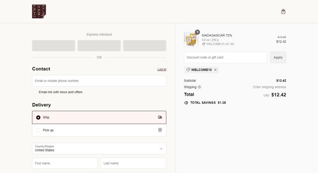 Chocolat-e checkout page showing Chocolat-e promo code box | Screenshot taken by SimplyCodes community member on May 1, 2024