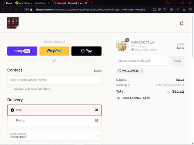 Chocolat-e checkout page showing Chocolat-e promo code box | Screenshot taken by SimplyCodes community member on May 30, 2024