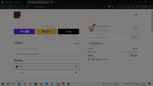 Chocolat-e checkout page showing Chocolat-e promo code box | Screenshot taken by SimplyCodes community member on Apr 2, 2024