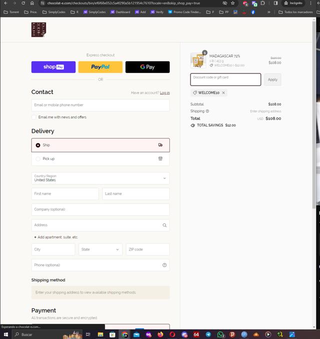 Chocolat-e checkout page showing Chocolat-e promo code box | Screenshot taken by SimplyCodes community member on Feb 4, 2024