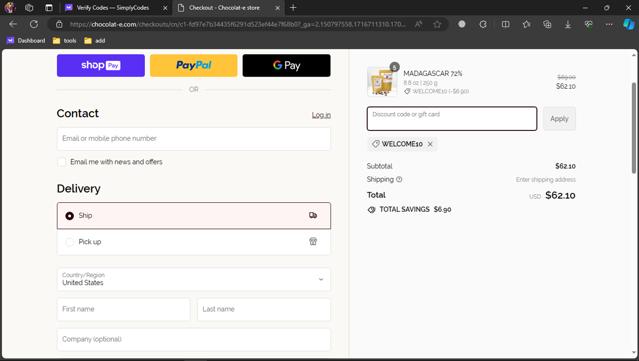 Chocolat-e checkout page showing Chocolat-e promo code box | Screenshot taken by SimplyCodes community member on Mar 4, 2024