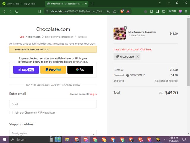 Chocolate.com checkout page showing Chocolate.com promo code box | Screenshot taken by SimplyCodes community member on Apr 15, 2024