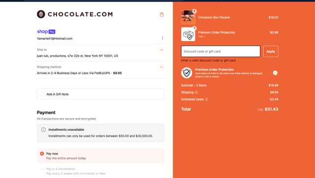 Chocolate.com checkout page showing Chocolate.com promo code box | Screenshot taken by SimplyCodes community member on Nov 17, 2024