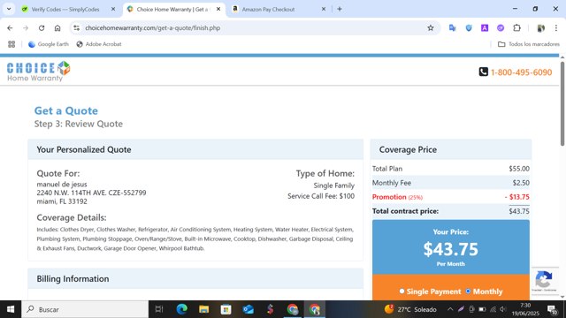 Choice Home Warranty checkout page showing Choice Home Warranty promo code box | Screenshot taken by SimplyCodes community member on Jun 19, 2025