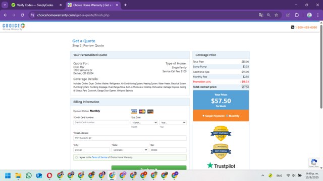 Choice Home Warranty checkout page showing Choice Home Warranty promo code box | Screenshot taken by SimplyCodes community member on Aug 16, 2025