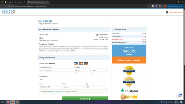 Choice Home Warranty checkout page showing Choice Home Warranty promo code box | Screenshot taken by SimplyCodes community member on Aug 25, 2025