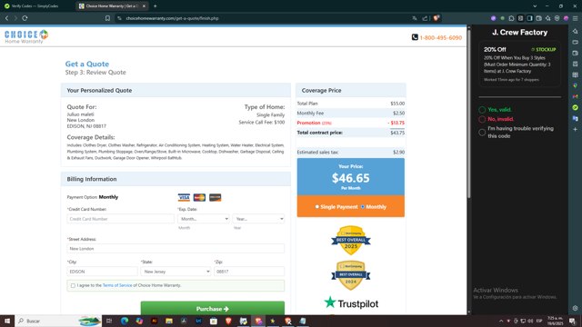 Choice Home Warranty checkout page showing Choice Home Warranty promo code box | Screenshot taken by SimplyCodes community member on Jun 19, 2025