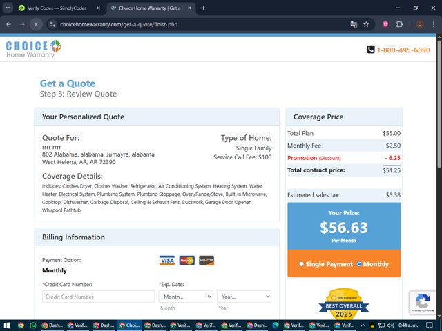 Choice Home Warranty checkout page showing Choice Home Warranty promo code box | Screenshot taken by SimplyCodes community member on Jun 19, 2025
