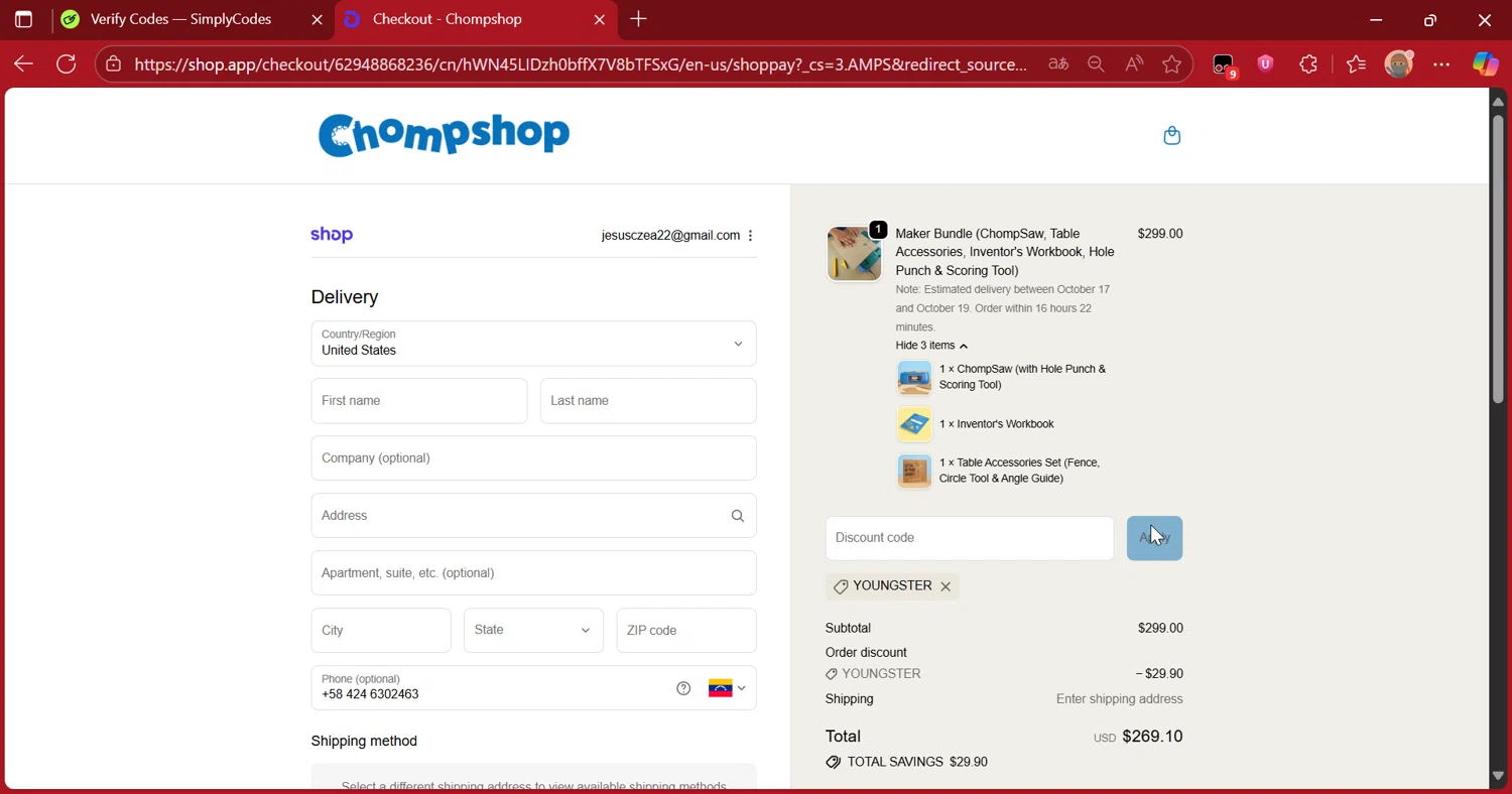 ChompShop discount code screenshot showing code YOUNGSTER applied at ChompShop checkout page. Uploaded by SimplyCodes community member DiscountScout1417 on Oct 13, 2025