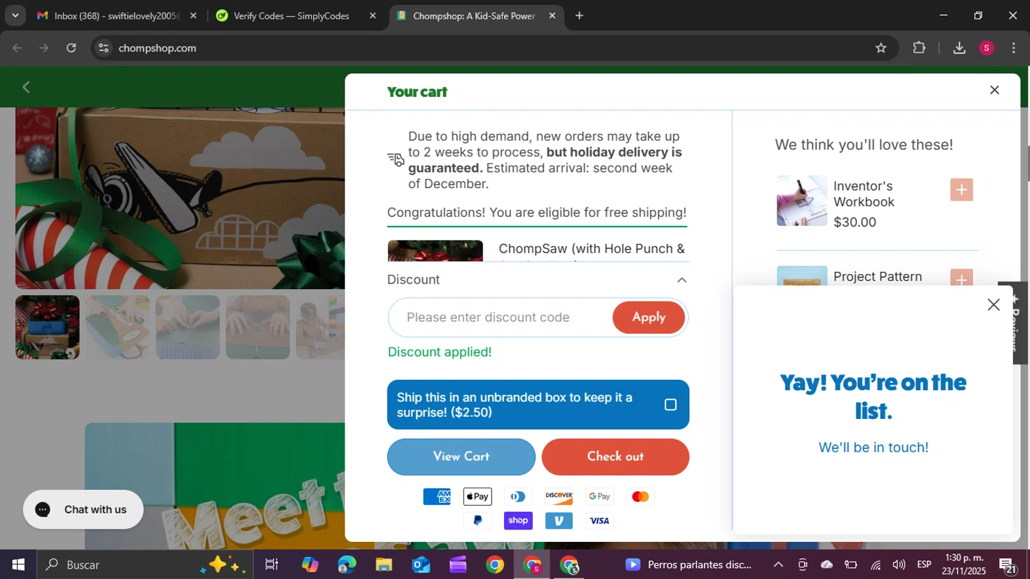 ChompShop discount code screenshot showing code YOUNGSTER applied at ChompShop checkout page. Uploaded by SimplyCodes community member swiftie on Nov 23, 2025