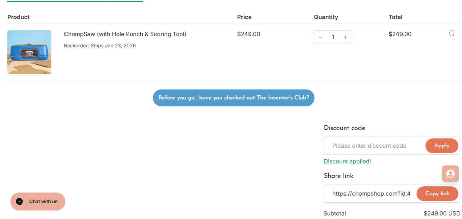 ChompShop discount code screenshot showing code CHOMP applied at ChompShop checkout page. Uploaded by SimplyCodes community member MoneyHunter5624 on Jan 16, 2026