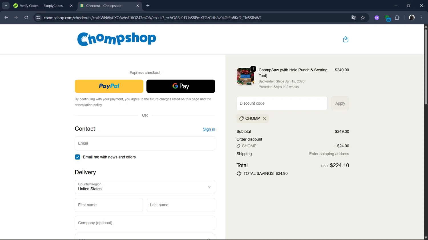 ChompShop discount code screenshot showing code CHOMP applied at ChompShop checkout page. Uploaded by SimplyCodes community member Teresa on Dec 22, 2025
