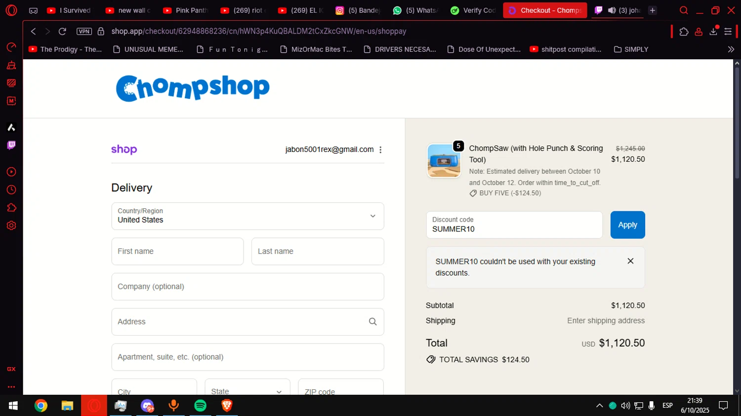 ChompShop discount code screenshot showing code SUMMER10 applied at ChompShop checkout page. Uploaded by SimplyCodes community member Anteserachido on Oct 7, 2025