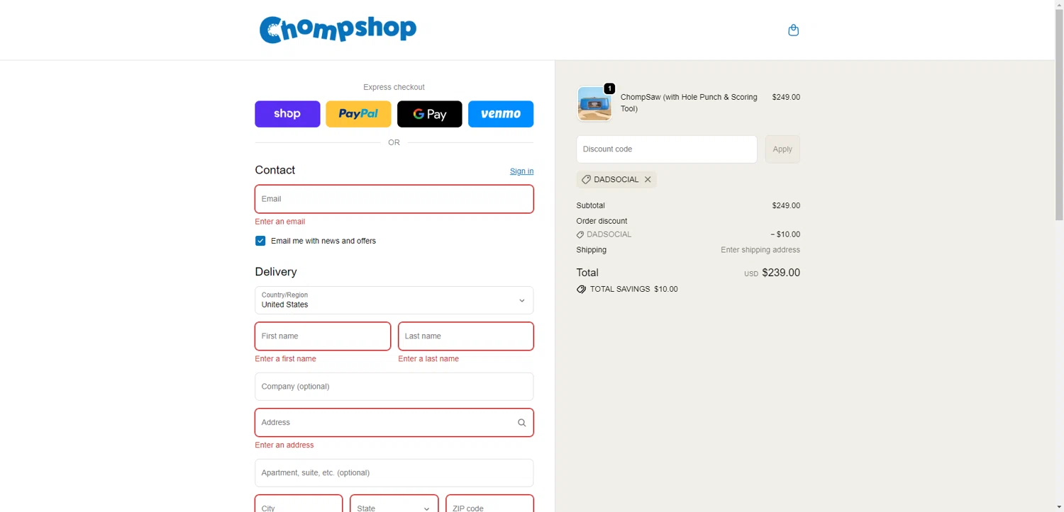 ChompShop checkout page showing ChompShop discount code box | Screenshot taken by SimplyCodes community member on Feb 4, 2026