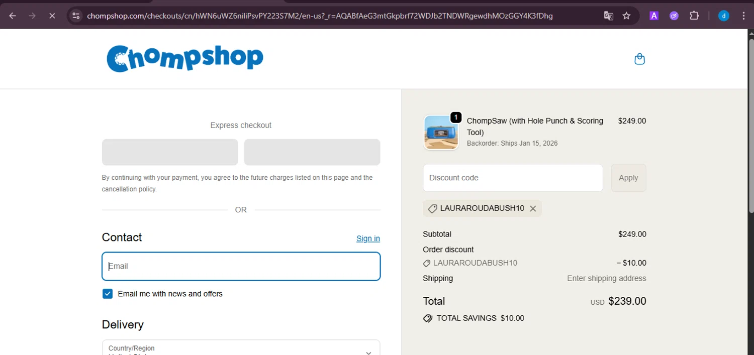 ChompShop discount code screenshot showing code Lauraroudabush10 applied at ChompShop checkout page. Uploaded by SimplyCodes community member ShieldKnight4744 on Dec 27, 2025