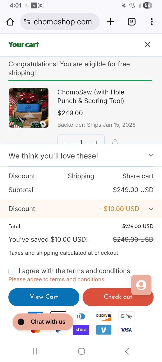 ChompShop discount code screenshot showing code Lauraroudabush10 applied at ChompShop checkout page. Uploaded by SimplyCodes community member KarinaHZ on Dec 24, 2025