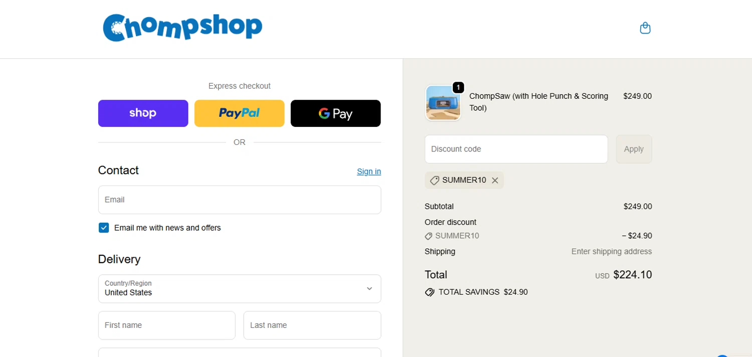 ChompShop discount code screenshot showing code SUMMER10 applied at ChompShop checkout page. Uploaded by SimplyCodes community member juanisaac on Oct 7, 2025