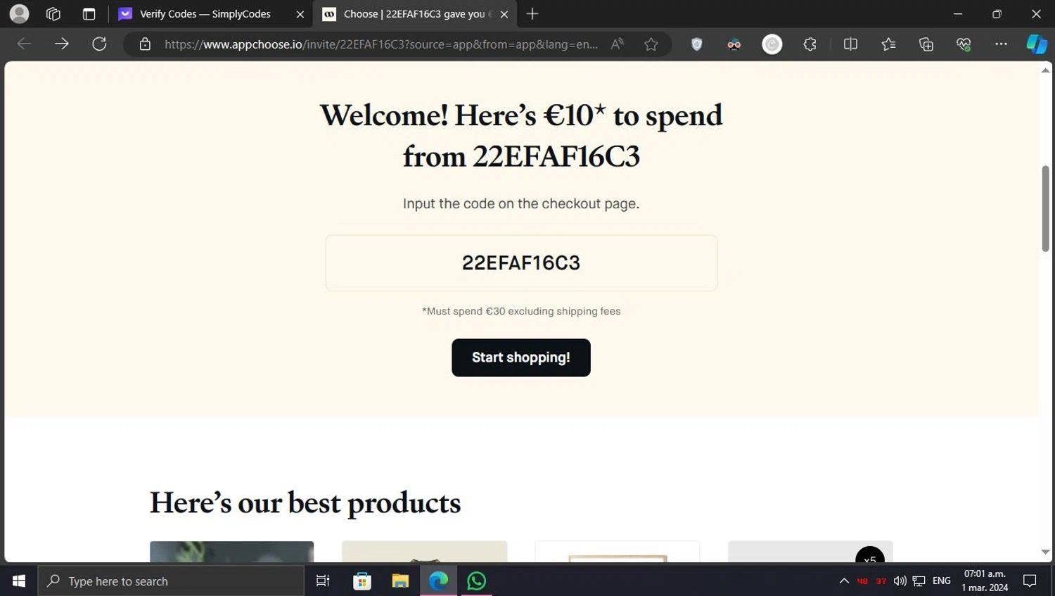 Choose checkout page showing Choose promo code box | Screenshot taken by SimplyCodes community member on Mar 1, 2024