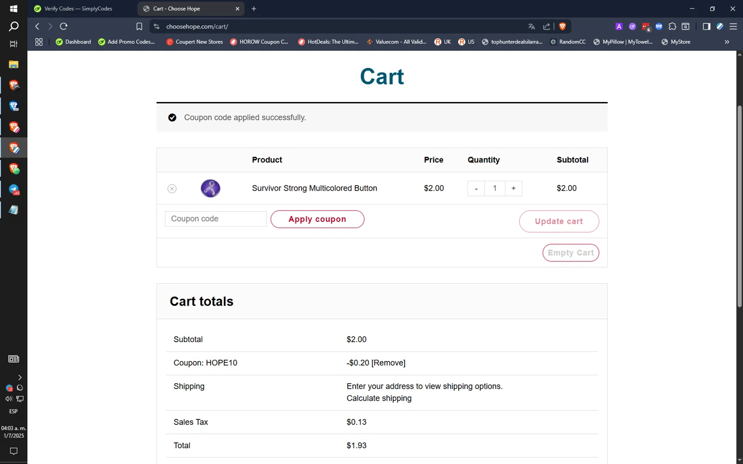 Choose Hope promo code screenshot showing code HOPE10 applied at Choose Hope checkout page. Uploaded by SimplyCodes community member SwiftLogic2048 on Jul 1, 2025