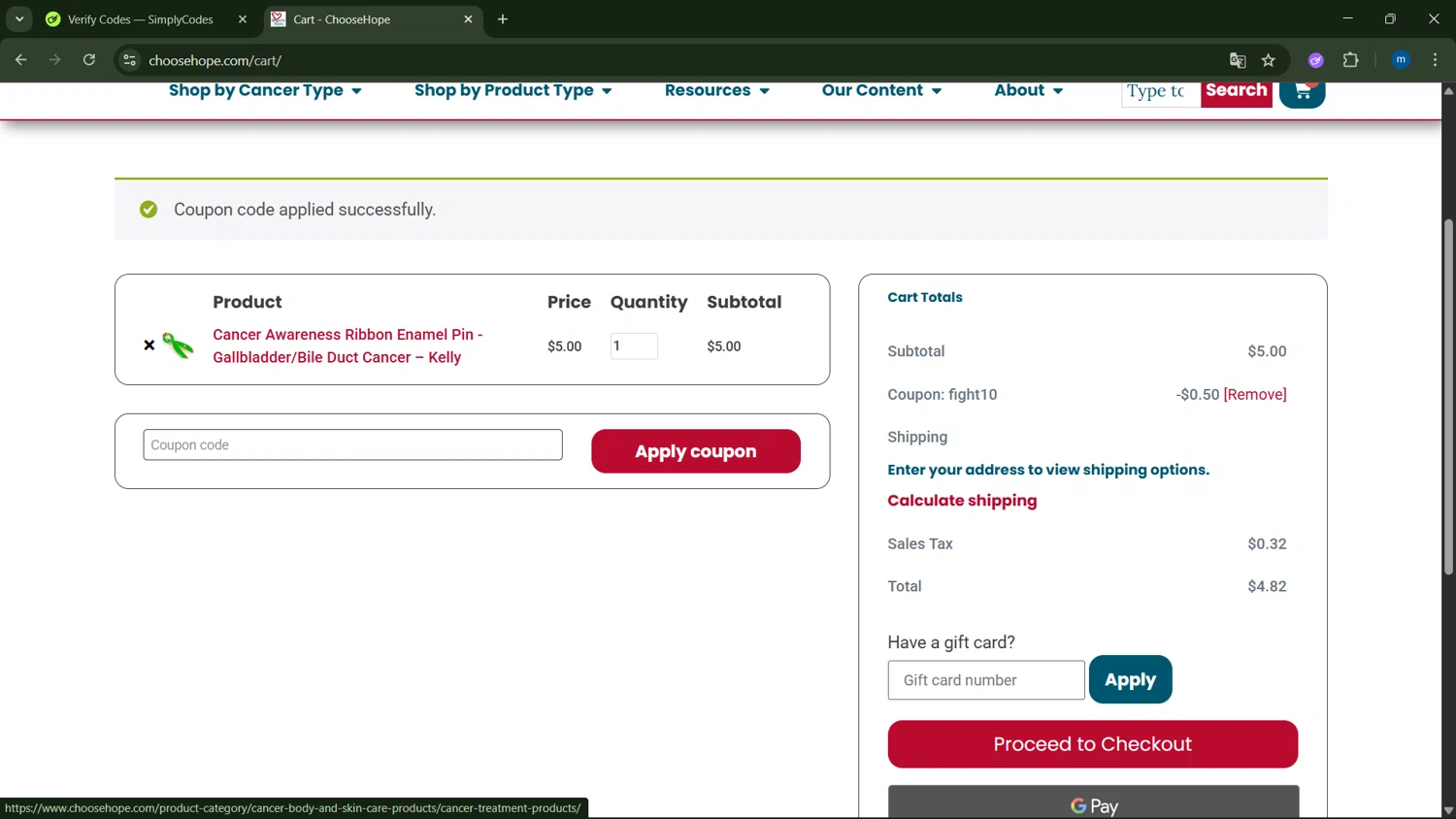 Choose Hope promo code screenshot showing code FIGHT10 applied at Choose Hope checkout page. Uploaded by SimplyCodes community member GloriousSpotter8024 on Dec 26, 2025