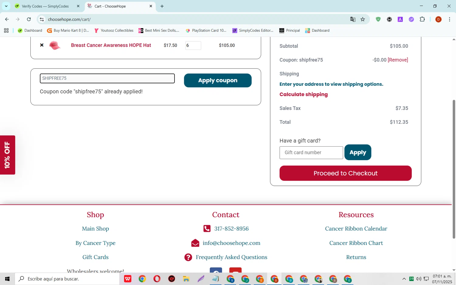 Choose Hope promo code screenshot showing code SHIPFREE75 applied at Choose Hope checkout page. Uploaded by SimplyCodes community member SaleSaver3540 on Nov 7, 2025