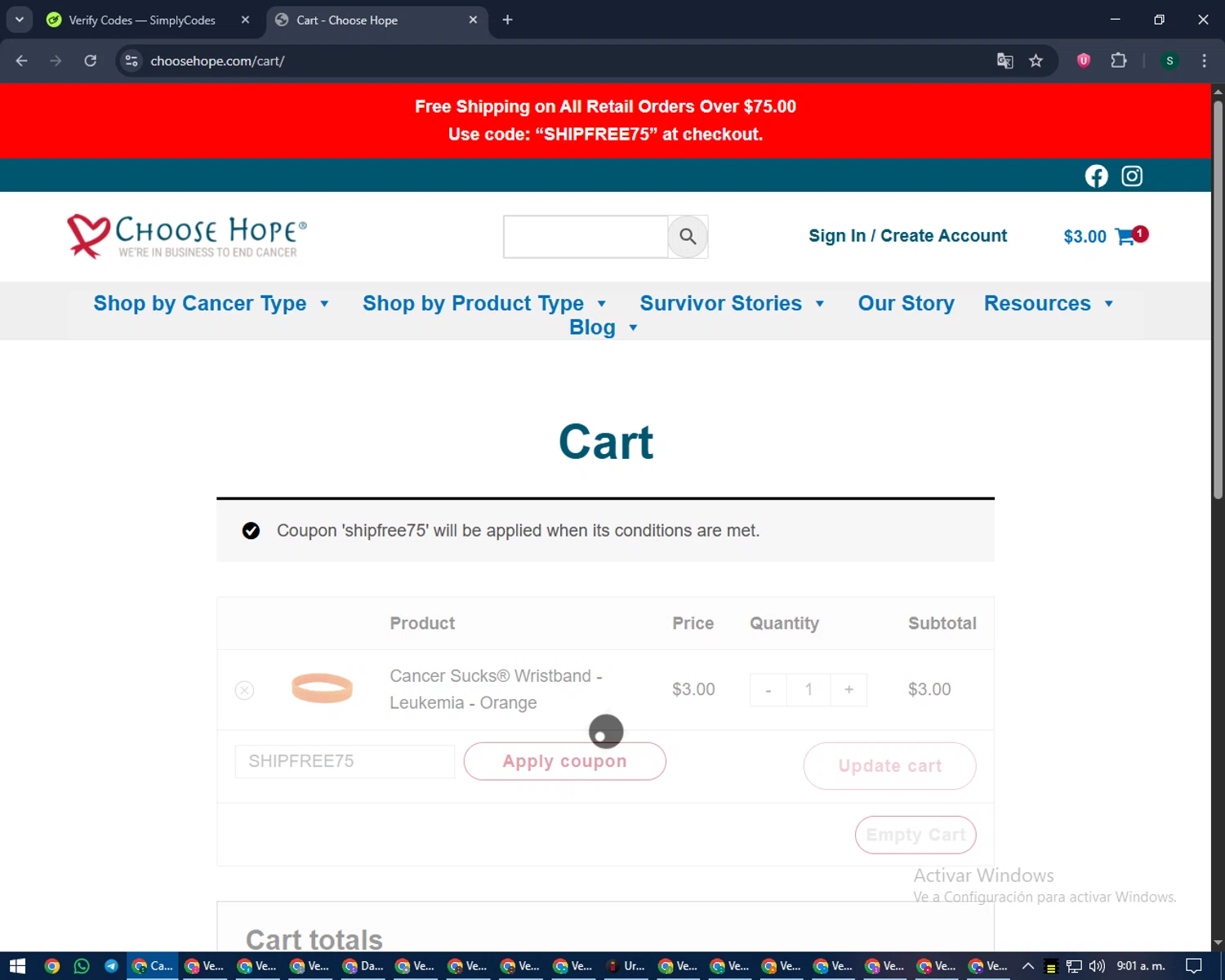 Choose Hope promo code screenshot showing code SHIPFREE75 applied at Choose Hope checkout page. Uploaded by SimplyCodes community member lilMosey on Sep 10, 2025
