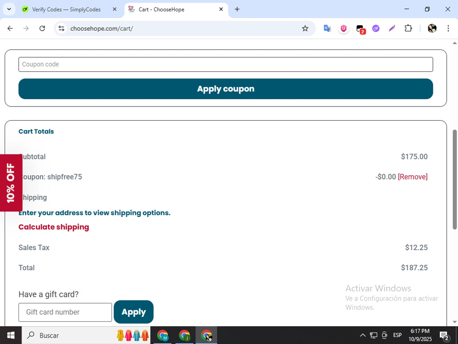 Choose Hope promo code screenshot showing code SHIPFREE75 applied at Choose Hope checkout page. Uploaded by SimplyCodes community member mariapolancog on Oct 9, 2025