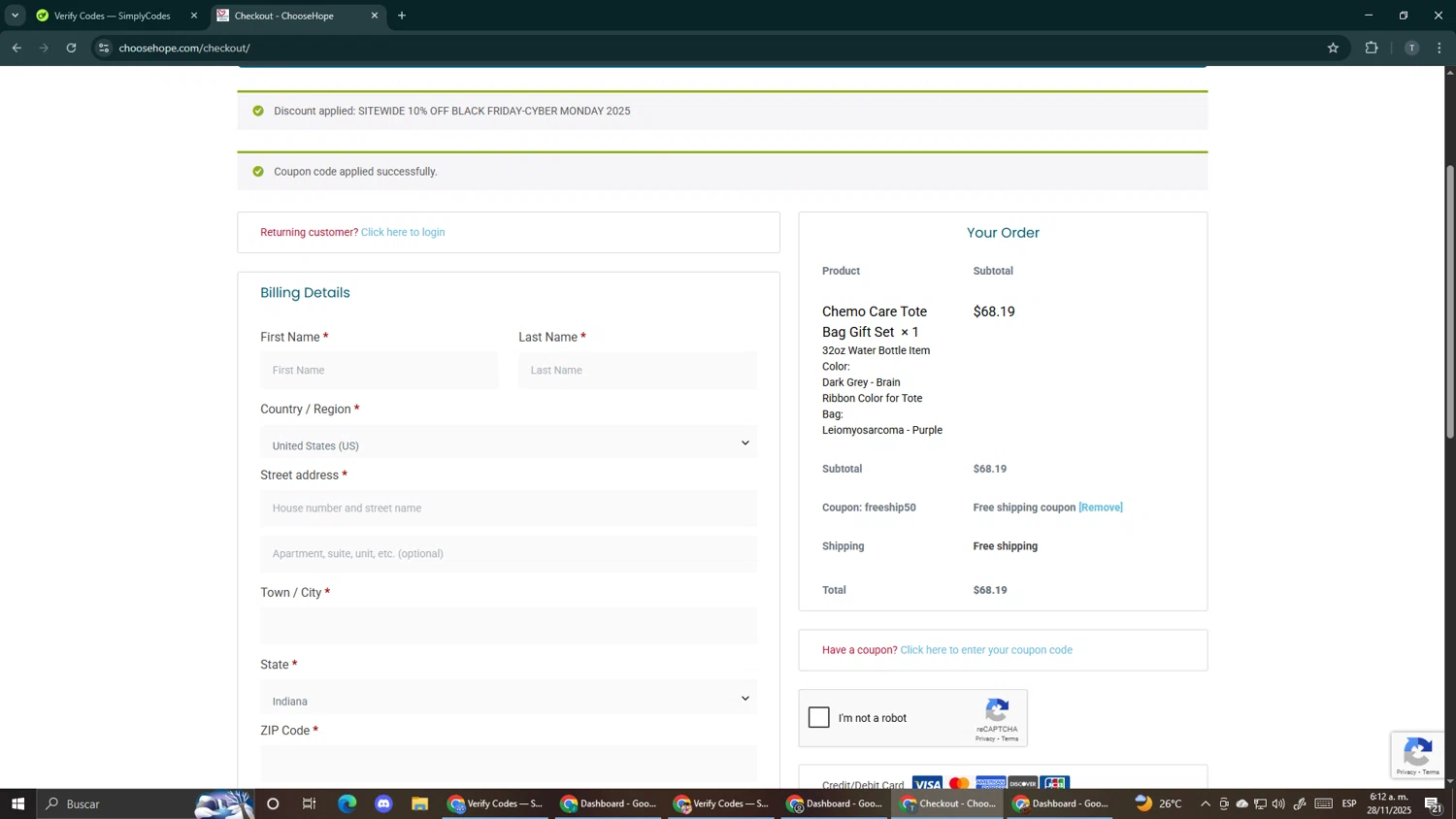 Choose Hope promo code screenshot showing code FREESHIP50 applied at Choose Hope checkout page. Uploaded by SimplyCodes community member Makemusic on Nov 28, 2025