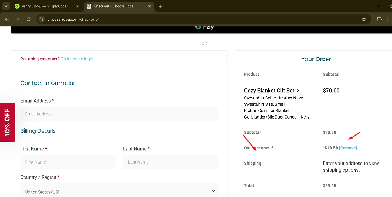 Choose Hope promo code screenshot showing code NOW15 applied at Choose Hope checkout page. Uploaded by SimplyCodes community member ManTheWeed on Dec 21, 2025