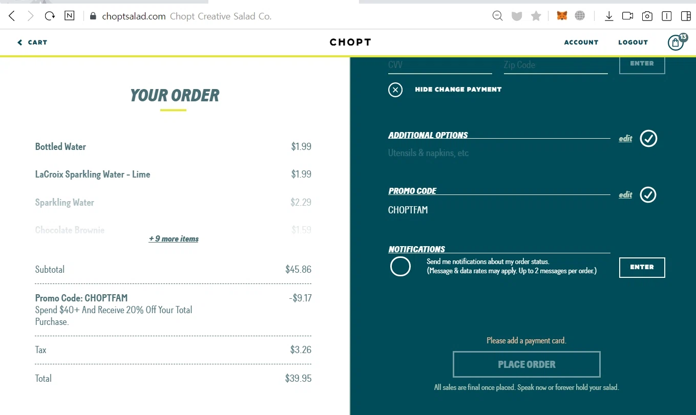 Chopt Salad checkout page showing Chopt Salad promo code box | Screenshot taken by SimplyCodes community member on Sep 29, 2021