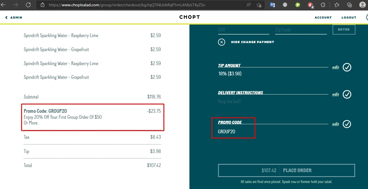 Chopt Salad checkout page showing Chopt Salad promo code box | Screenshot taken by SimplyCodes community member on Mar 31, 2022