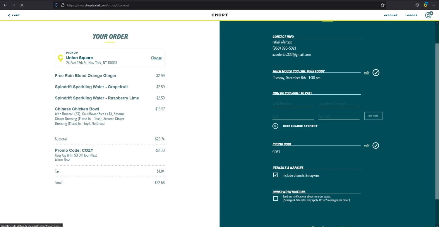 Chopt Salad checkout page showing Chopt Salad promo code box | Screenshot taken by SimplyCodes community member on Dec 6, 2022