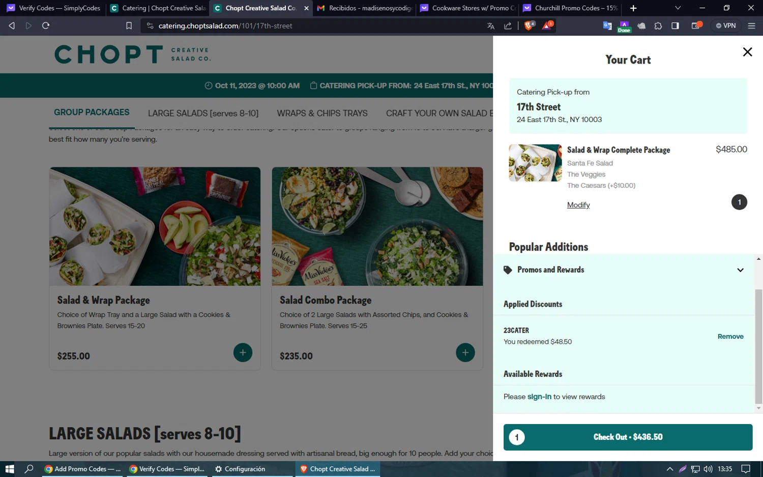 Chopt Salad checkout page showing Chopt Salad promo code box | Screenshot taken by SimplyCodes community member on Oct 9, 2023