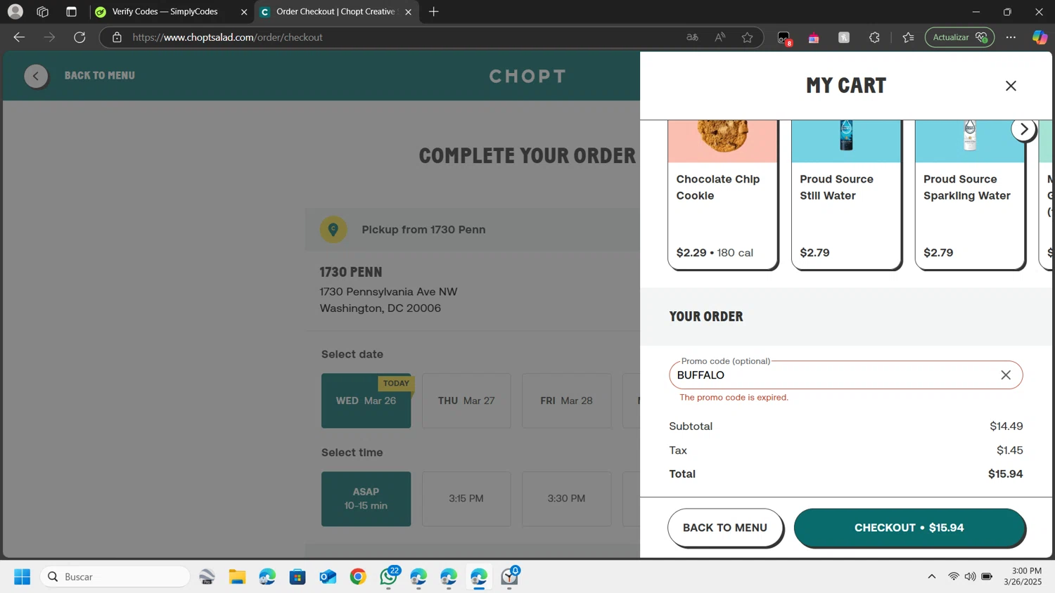 Chopt Salad promo code screenshot showing code BUFFALO applied at Chopt Salad checkout page. Uploaded by SimplyCodes community member cesar26 on Mar 26, 2025