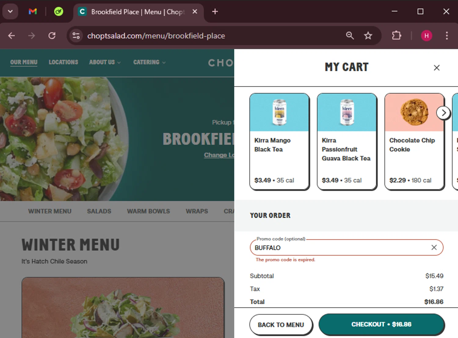 Chopt Salad promo code screenshot showing code BUFFALO applied at Chopt Salad checkout page. Uploaded by SimplyCodes community member RewardWarden8289 on Feb 19, 2025