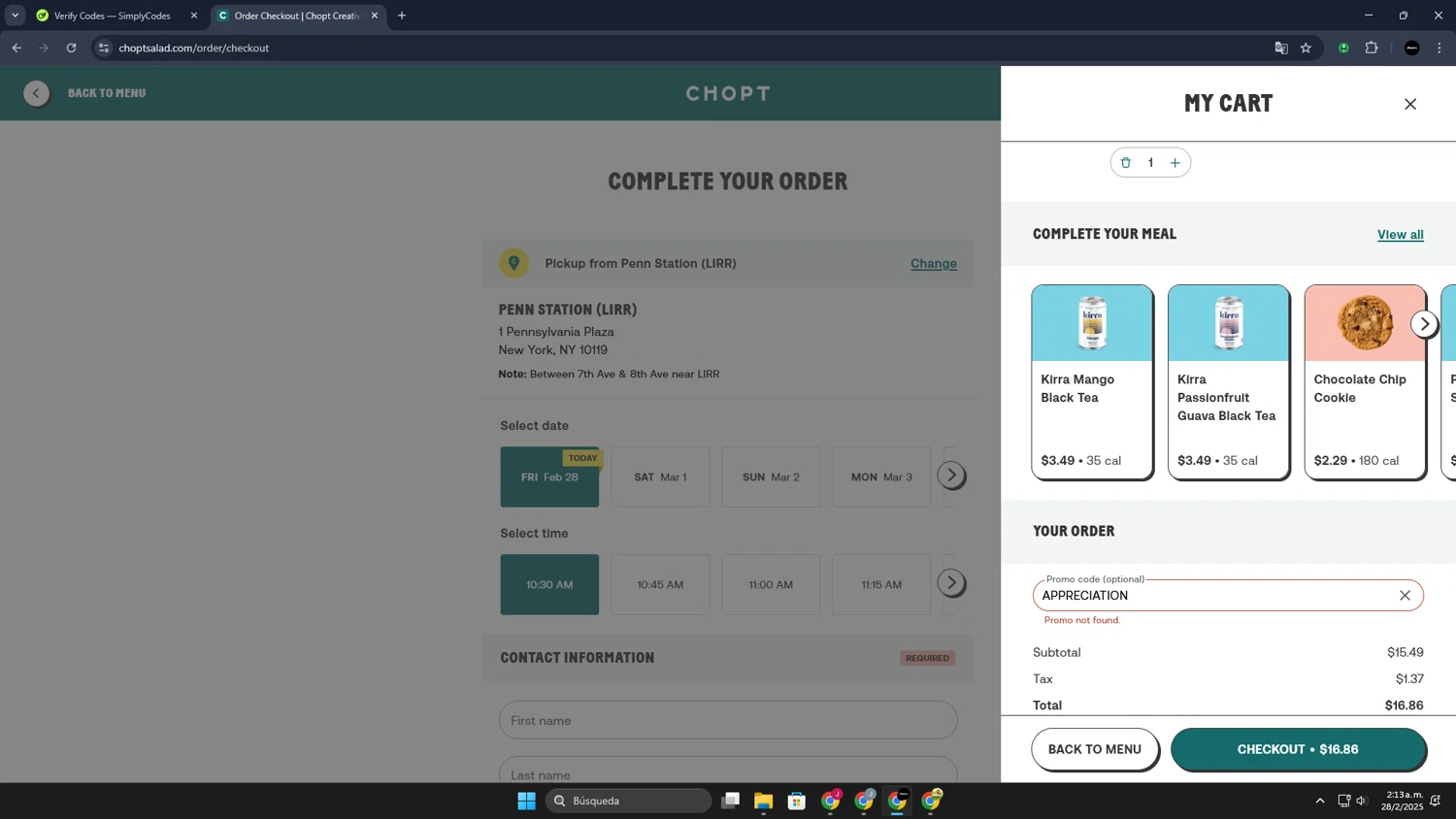Chopt Salad promo code screenshot showing code APPRECIATION applied at Chopt Salad checkout page. Uploaded by SimplyCodes community member JoseLocoHugo on Feb 28, 2025