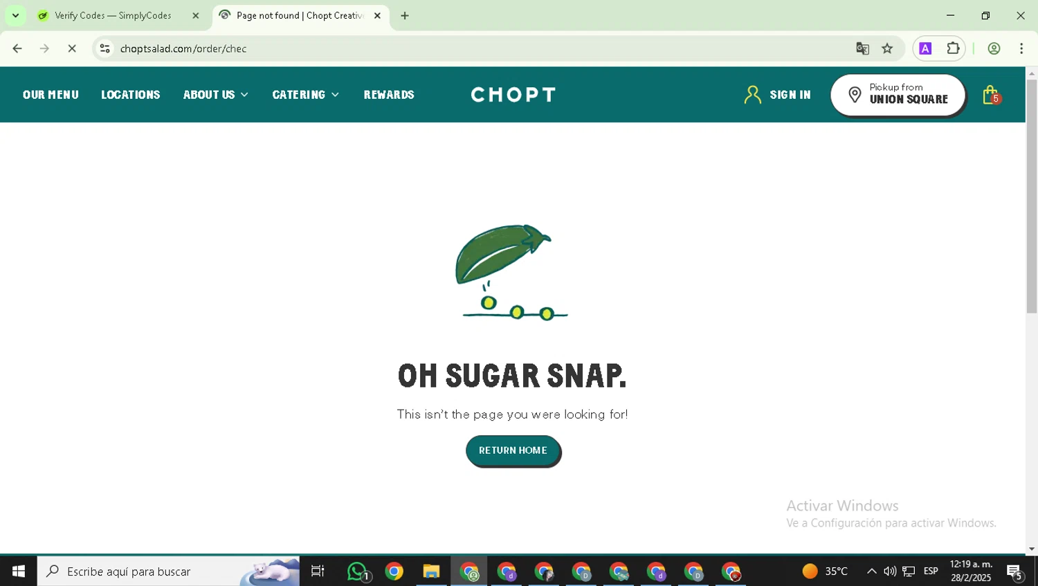Chopt Salad promo code screenshot showing code APPRECIATION applied at Chopt Salad checkout page. Uploaded by SimplyCodes community member DealExpert4491 on Feb 28, 2025