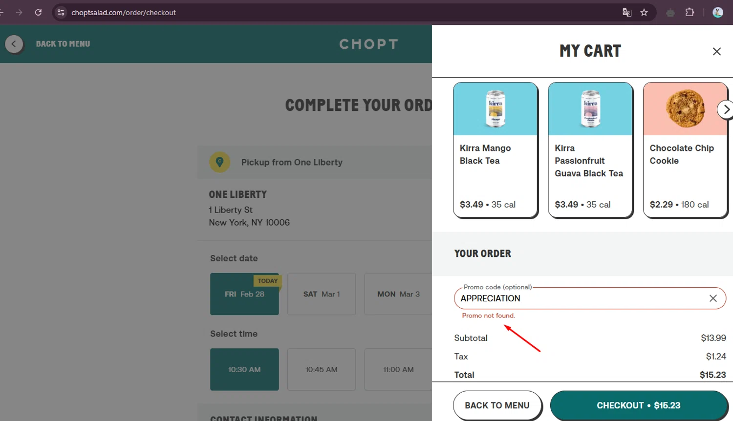 Chopt Salad promo code screenshot showing code APPRECIATION applied at Chopt Salad checkout page. Uploaded by SimplyCodes community member elgatobravo on Feb 28, 2025