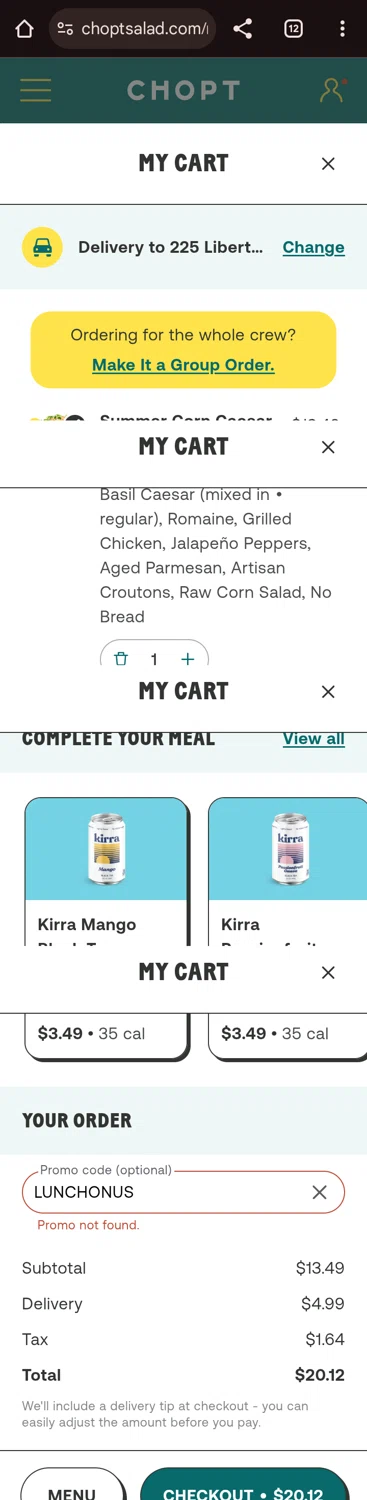 Chopt Salad promo code screenshot showing code LUNCHONUS applied at Chopt Salad checkout page. Uploaded by SimplyCodes community member Olivatle on Jun 17, 2025