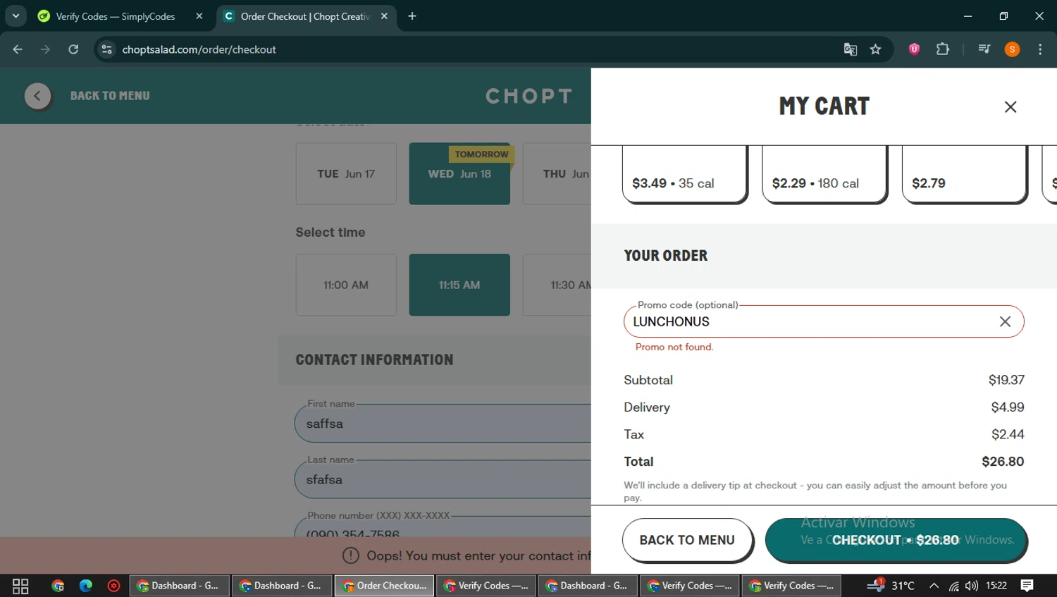 Chopt Salad promo code screenshot showing code LUNCHONUS applied at Chopt Salad checkout page. Uploaded by SimplyCodes community member QuestCaptain8930 on Jun 17, 2025