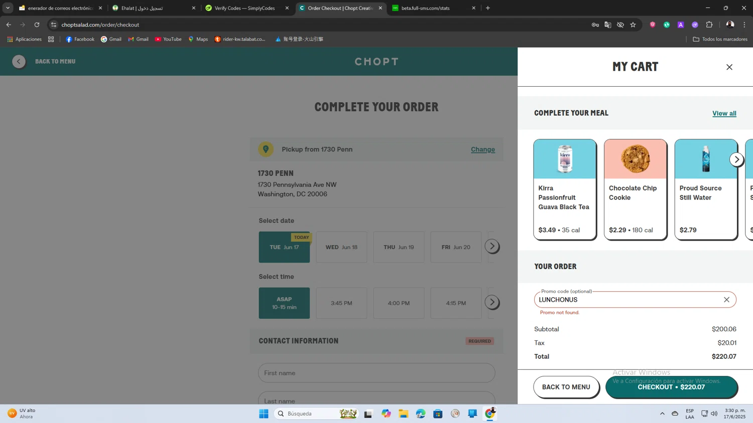 Chopt Salad promo code screenshot showing code LUNCHONUS applied at Chopt Salad checkout page. Uploaded by SimplyCodes community member SaleScout3344 on Jun 17, 2025
