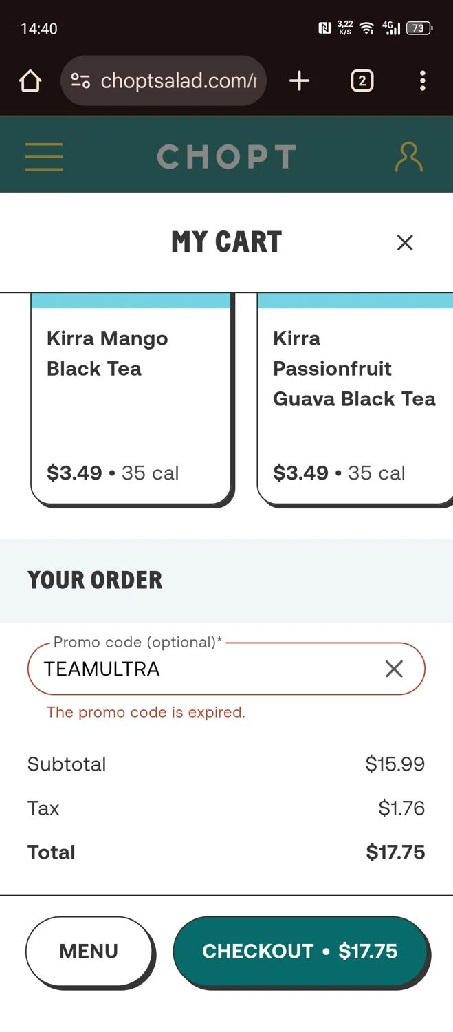 Chopt Salad promo code screenshot showing code TEAMULTRA applied at Chopt Salad checkout page. Uploaded by SimplyCodes community member Papiee on Nov 17, 2025