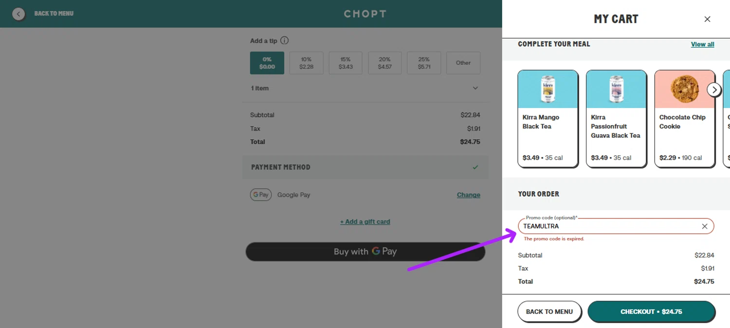 Chopt Salad promo code screenshot showing code TEAMULTRA applied at Chopt Salad checkout page. Uploaded by SimplyCodes community member Vanecobyuv on Nov 17, 2025