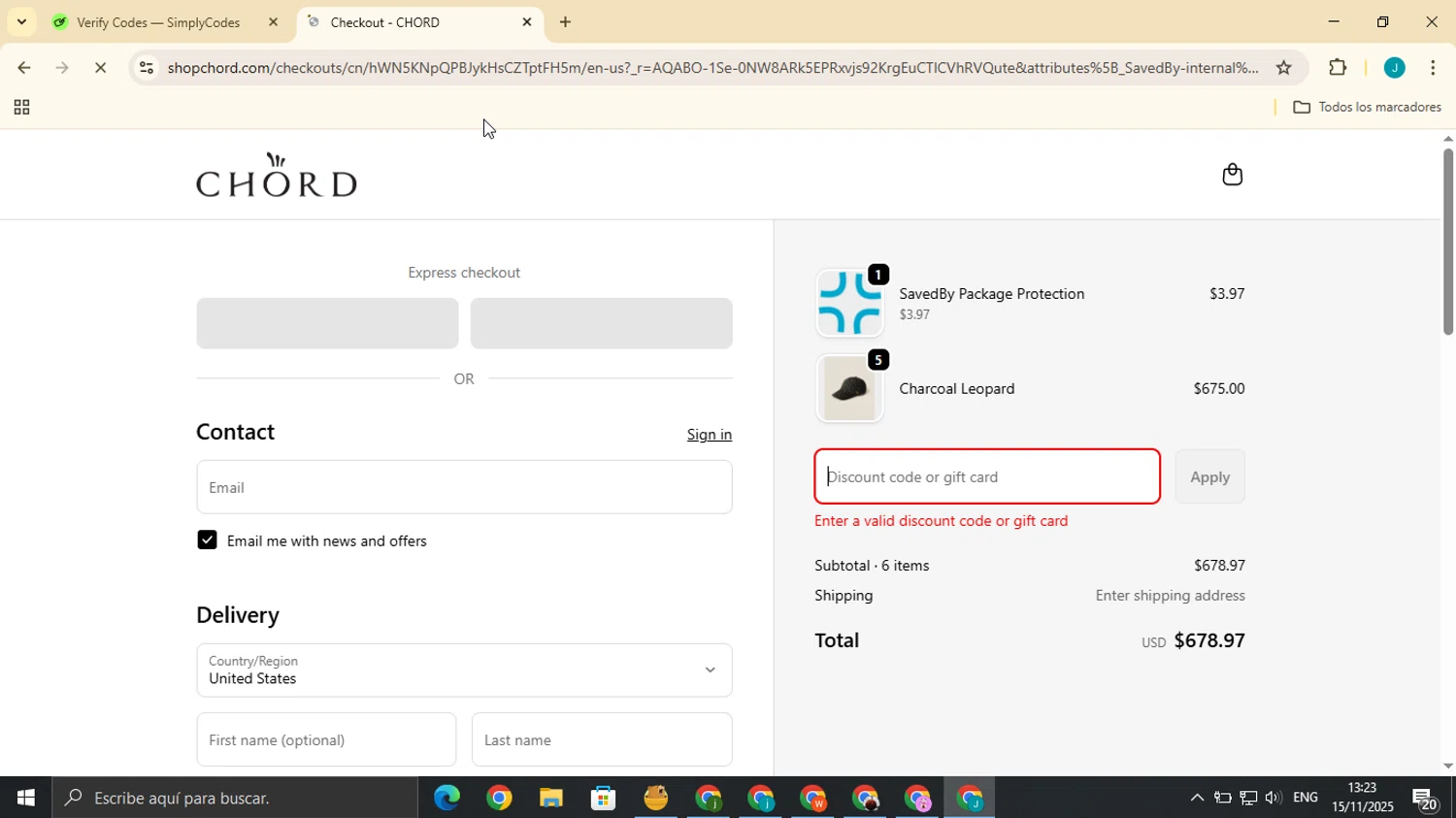 CHORD discount code screenshot showing code BFR10 applied at CHORD checkout page. Uploaded by SimplyCodes community member JESUSCOLMAN on Nov 15, 2025