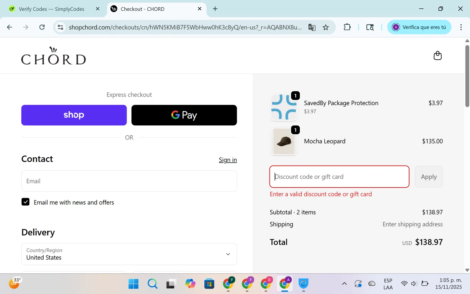 CHORD discount code screenshot showing code BFR10 applied at CHORD checkout page. Uploaded by SimplyCodes community member SEANJOHN55 on Nov 15, 2025