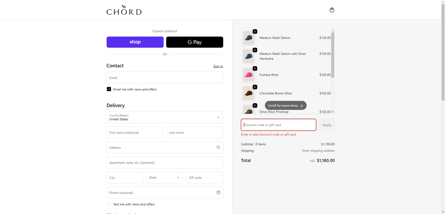 CHORD discount code screenshot showing code CHORD20 applied at CHORD checkout page. Uploaded by SimplyCodes community member CashSentinel5495 on Dec 5, 2025