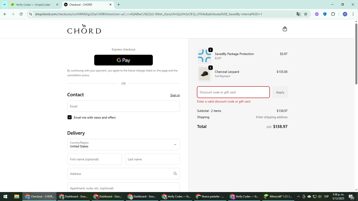 CHORD discount code screenshot showing code CHORD20 applied at CHORD checkout page. Uploaded by SimplyCodes community member QuestDefender2661 on Dec 5, 2025